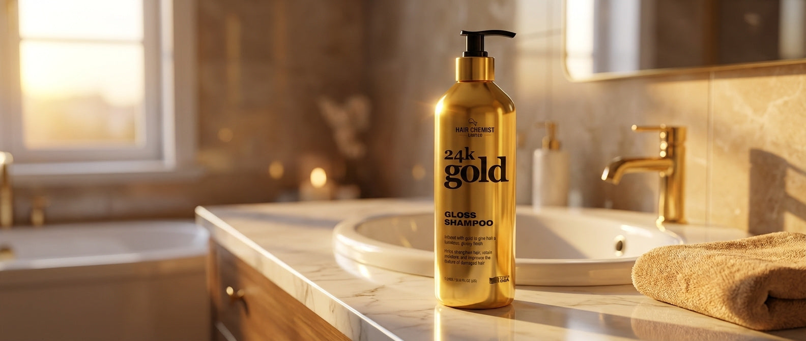 Hair Chemist 24K Gold Gloss Shampoo 33.8oz, Conditioner 33.8oz & Heat Protection Hair Mist 8oz – 3-Piece Shine & Protection System