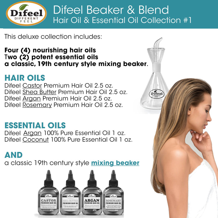 Difeel Beaker & Blend Hair & Essential Oil Kit #1 - Includes Castor, Shea Butter, Argan, Rosemary Hair Oils plus Argan & Coconut Essential Oils