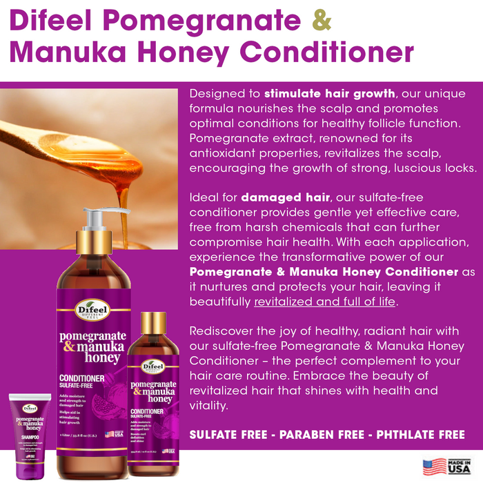 Difeel Pomegranate & Manuka Honey Shampoo & Conditioner 4-PC Set - Includes 12oz Shampoo,12oz Conditioner, 8oz Leave in Spray and 2.5oz Hair Oil