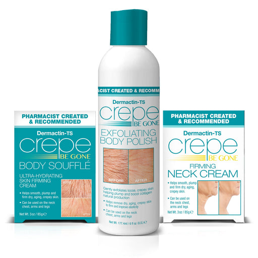 Dermactin Crepe Be Gone 3-Piece Kit - Crepe Be Gone Body Souffle 3oz, Body Polish 6oz and Neck Cream 3oz.