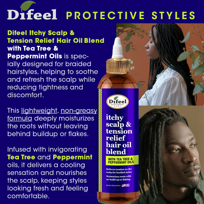 Difeel Itchy Scalp & Tension Relief Hair Oil Blend with Tea Tree & Peppermint Oils for Braided Styles 8 oz.