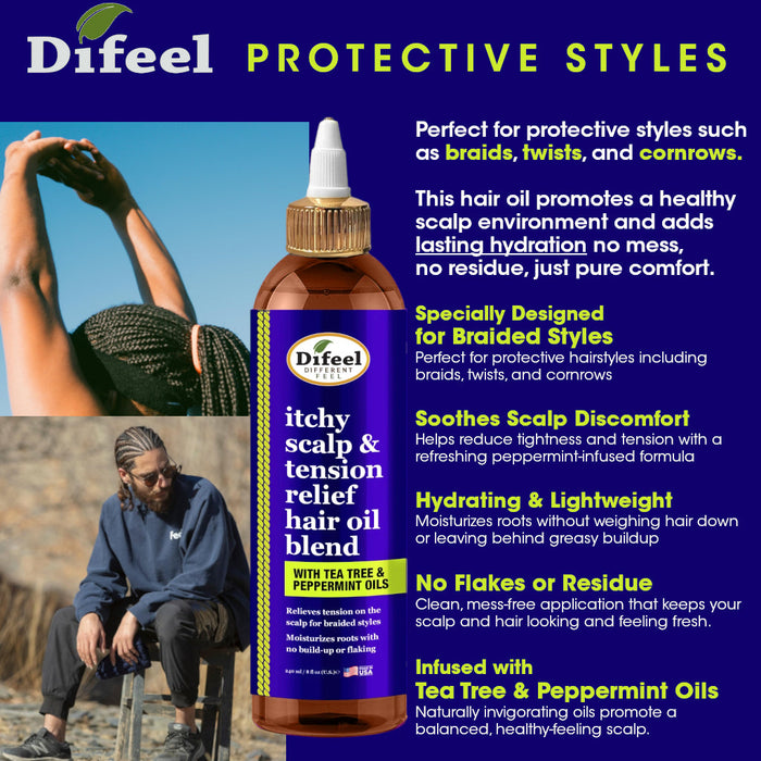 Difeel Itchy Scalp & Tension Relief Hair Oil Blend with Tea Tree & Peppermint Oils for Braided Styles 8 oz.