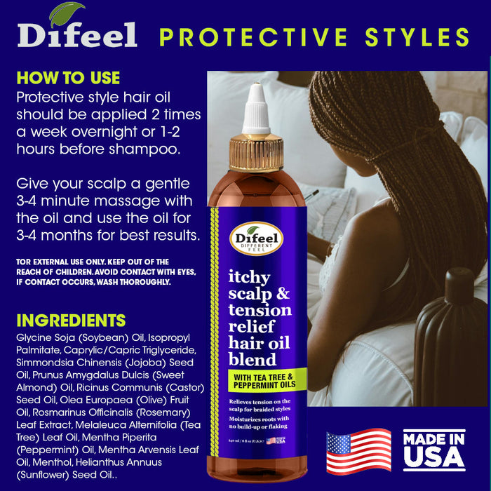Difeel Itchy Scalp & Tension Relief Hair Oil Blend with Tea Tree & Peppermint Oils for Braided Styles 8 oz.
