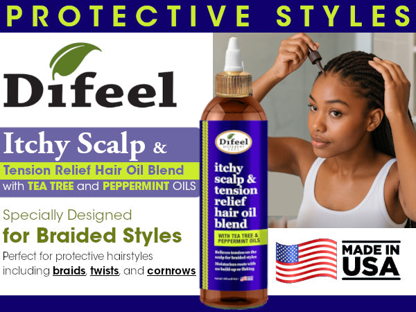 Difeel Itchy Scalp & Tension Relief Hair Oil Blend with Tea Tree & Peppermint Oils for Braided Styles 8 oz.