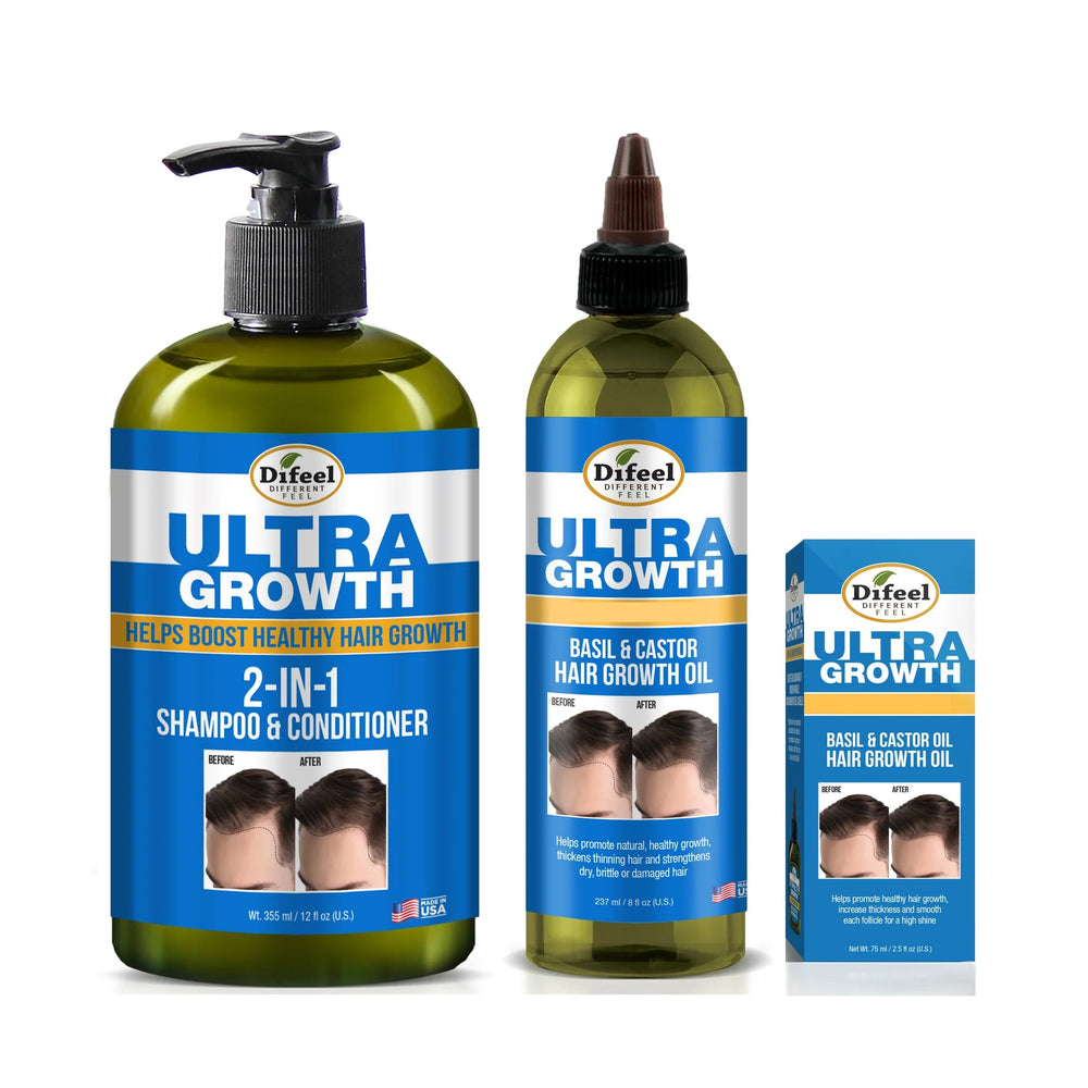 Difeel Mens Ultra Growth 3-PC Hair Growth Shampoo, Condition & Treatment Set - Includes 12 oz.  2-in-1 Shampoo, 8oz Hair Oil & 2.5oz Hair Oil