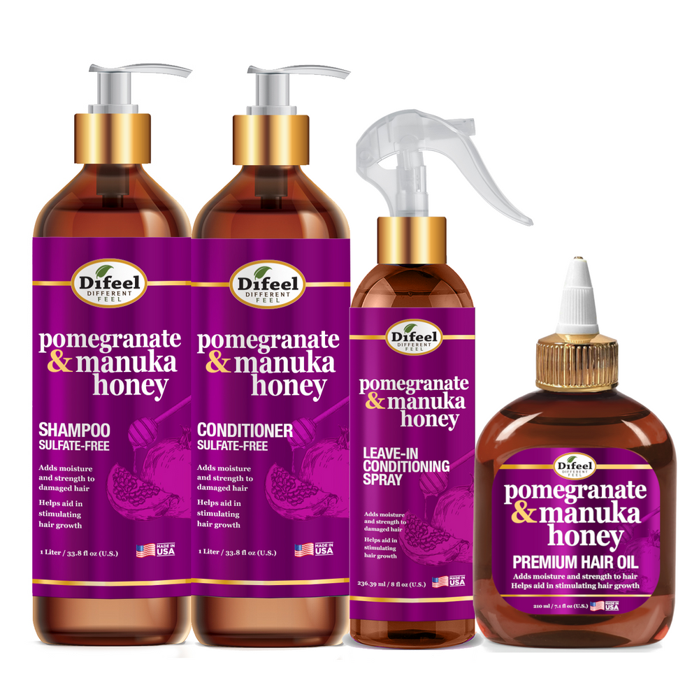 Difeel Pomegranate & Manuka Honey Shampoo & Conditioner 4-PC Set - Includes 33.8oz Shampoo, 33.8oz Conditioner, 8oz Leave in Spray and 7.1oz Hair Oil