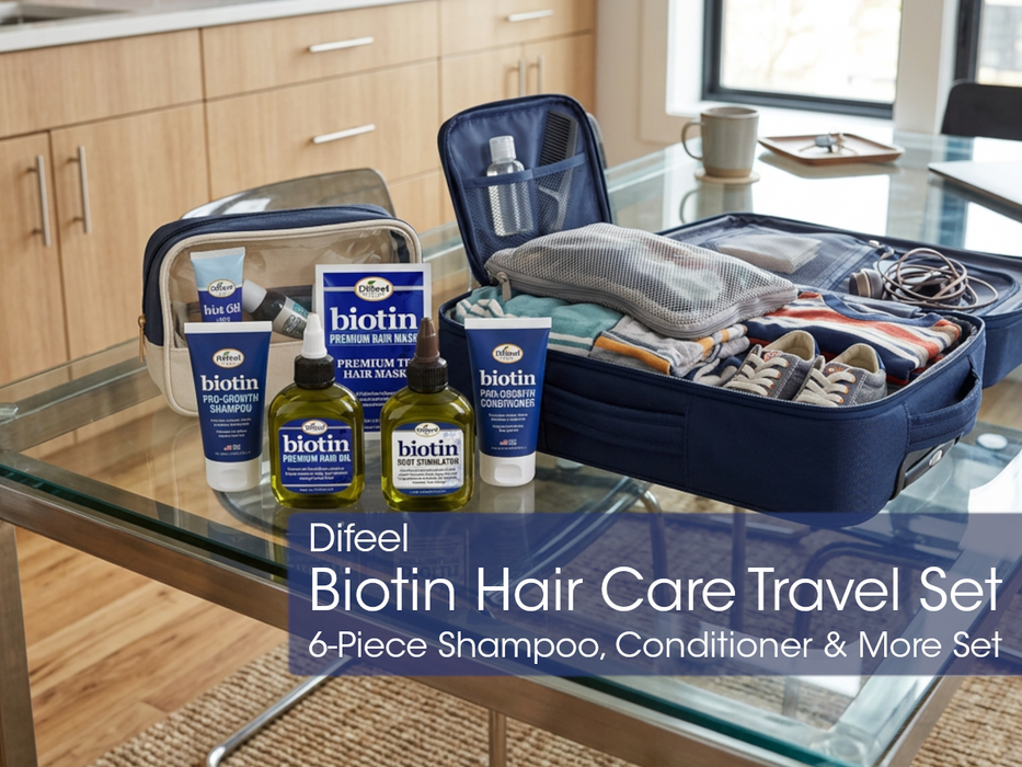 Difeel Biotin Hair Care Travel Set - 6-Piece Shampoo, Conditioner & More Set