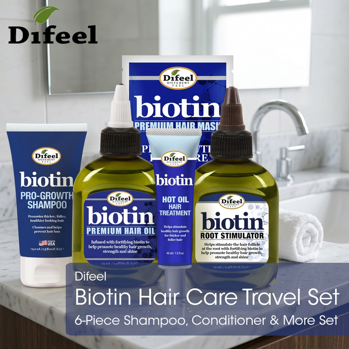 Difeel Biotin Hair Care Travel Set - 6-Piece Shampoo, Conditioner & More Set
