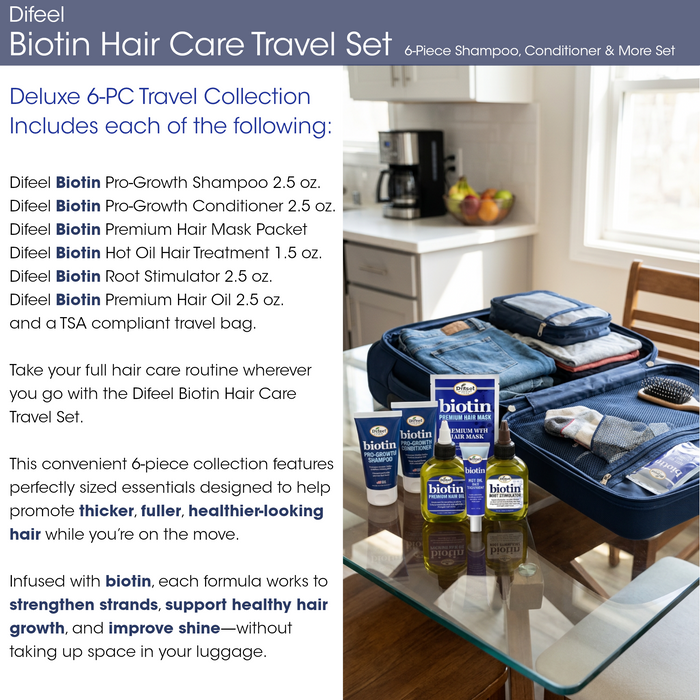 Difeel Biotin Hair Care Travel Set - 6-Piece Shampoo, Conditioner & More Set