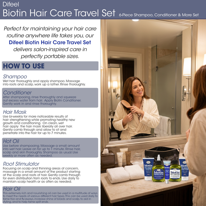 Difeel Biotin Hair Care Travel Set - 6-Piece Shampoo, Conditioner & More Set
