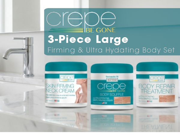 Crepe Be Gone 3-Piece Firming & Ultra Hydrating Body Set – Includes Large 12 oz Body Soufflé, 12 oz Body Repair Treatment, 12 oz Neck Firming Cream