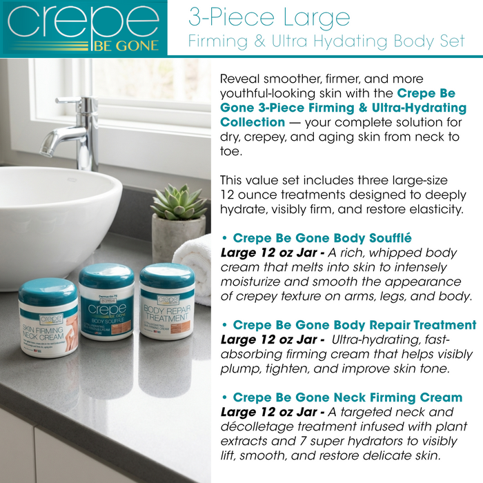 Crepe Be Gone 3-Piece Firming & Ultra Hydrating Body Set – Includes Large 12 oz Body Soufflé, 12 oz Body Repair Treatment, 12 oz Neck Firming Cream