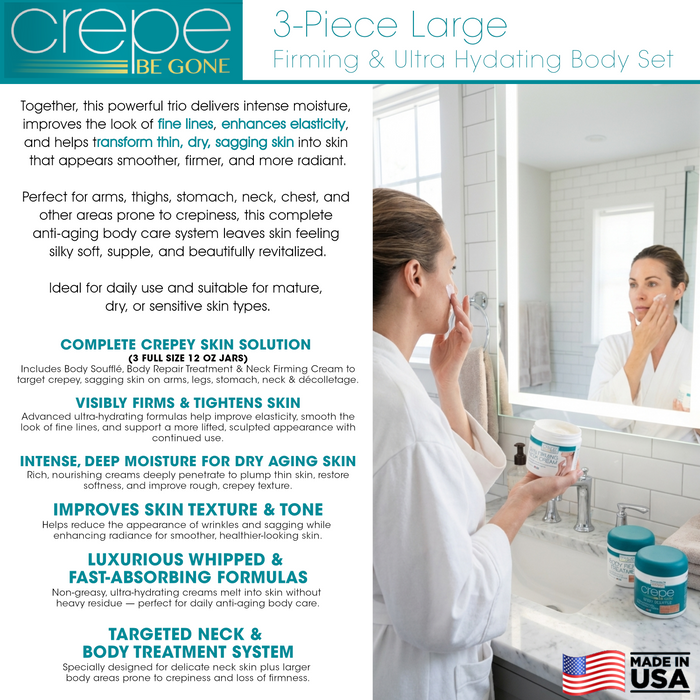Crepe Be Gone 3-Piece Firming & Ultra Hydrating Body Set – Includes Large 12 oz Body Soufflé, 12 oz Body Repair Treatment, 12 oz Neck Firming Cream