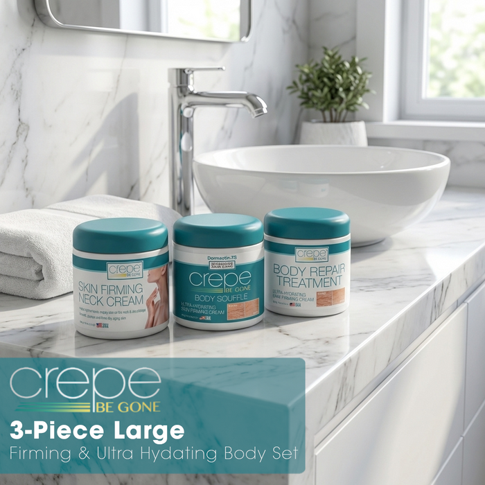 Crepe Be Gone 3-Piece Firming & Ultra Hydrating Body Set – Includes Large 12 oz Body Soufflé, 12 oz Body Repair Treatment, 12 oz Neck Firming Cream