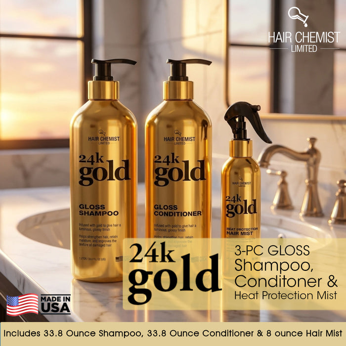 Hair Chemist 24K Gold Gloss Shampoo 33.8oz, Conditioner 33.8oz & Heat Protection Hair Mist 8oz – 3-Piece Shine & Protection System