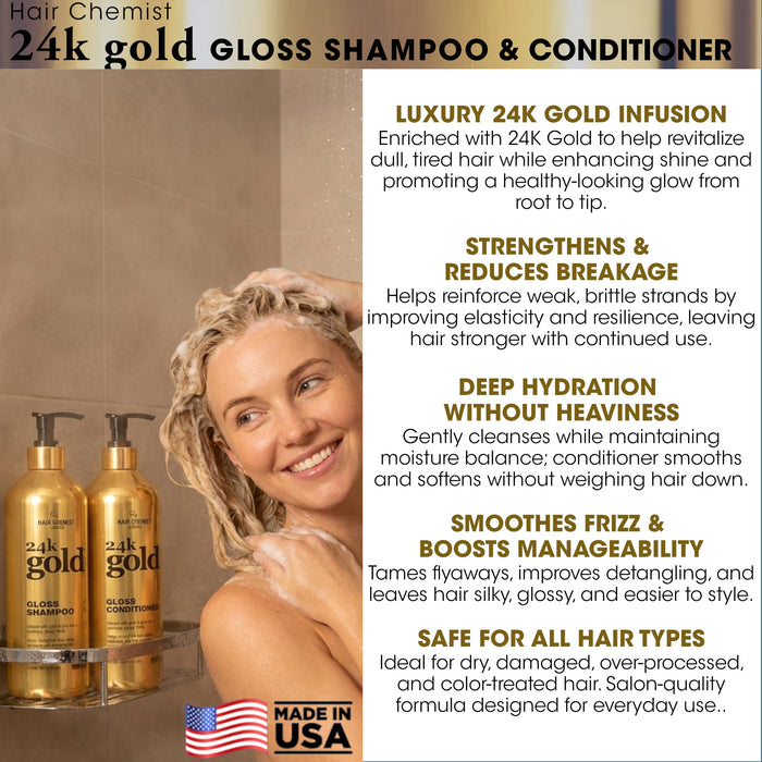 Hair Chemist 24K Gold Shampoo 33.8oz, Conditioner 33.8oz & Hair Oil 8oz 3-PC Set