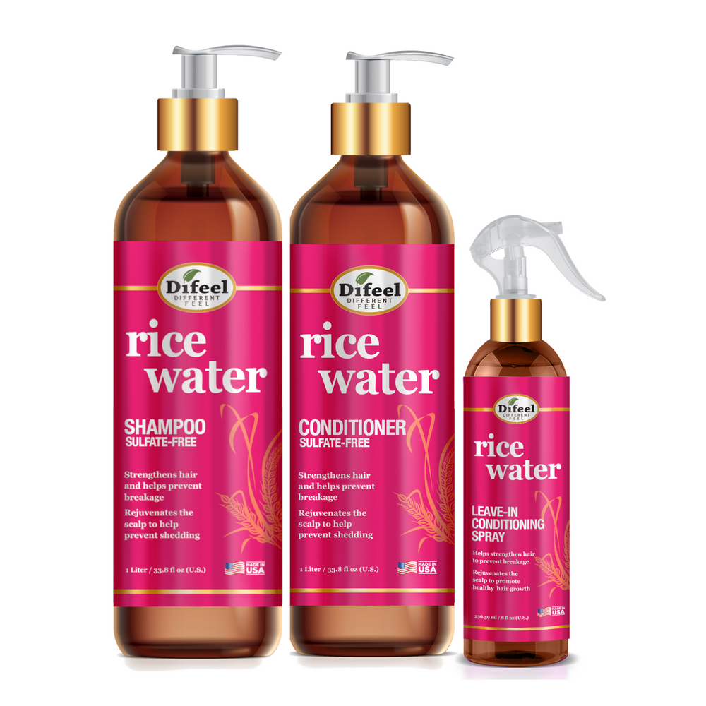 Difeel Rice Water Hair Care 3PC Shampoo & Conditioner & Leave in Set - Includes 33.8oz Shampoo, 33.8oz Conditioner, 8oz Leave in Spray