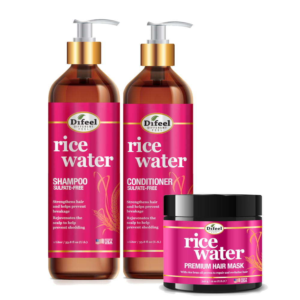 Difeel Rice Water Hair Care 3PC Shampoo & Conditioner & Hair Mask Set - Includes 33.8oz Shampoo, 33.8oz Conditioner, 12oz Hair Mask