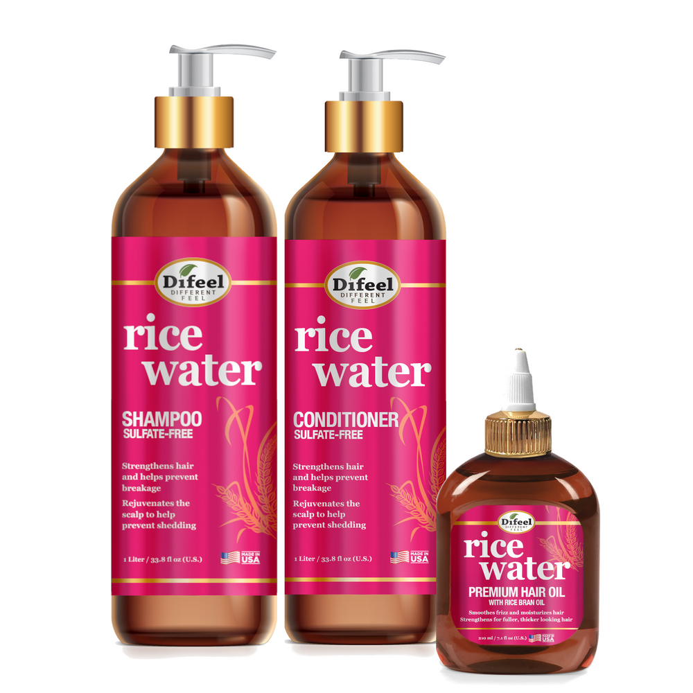 Difeel Rice Water Hair Care 3PC Shampoo & Conditioner & Hair Oil Set - Includes 33.8oz Shampoo, 33.8oz Conditioner, 7.1oz Hair Oil