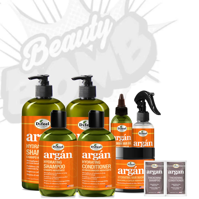 Difeel Argan Beauty Bomb 8-PC Complete Shampoo & Conditioner Complete Collection- Hydrating Shampoos, Conditioners, Treatments & More