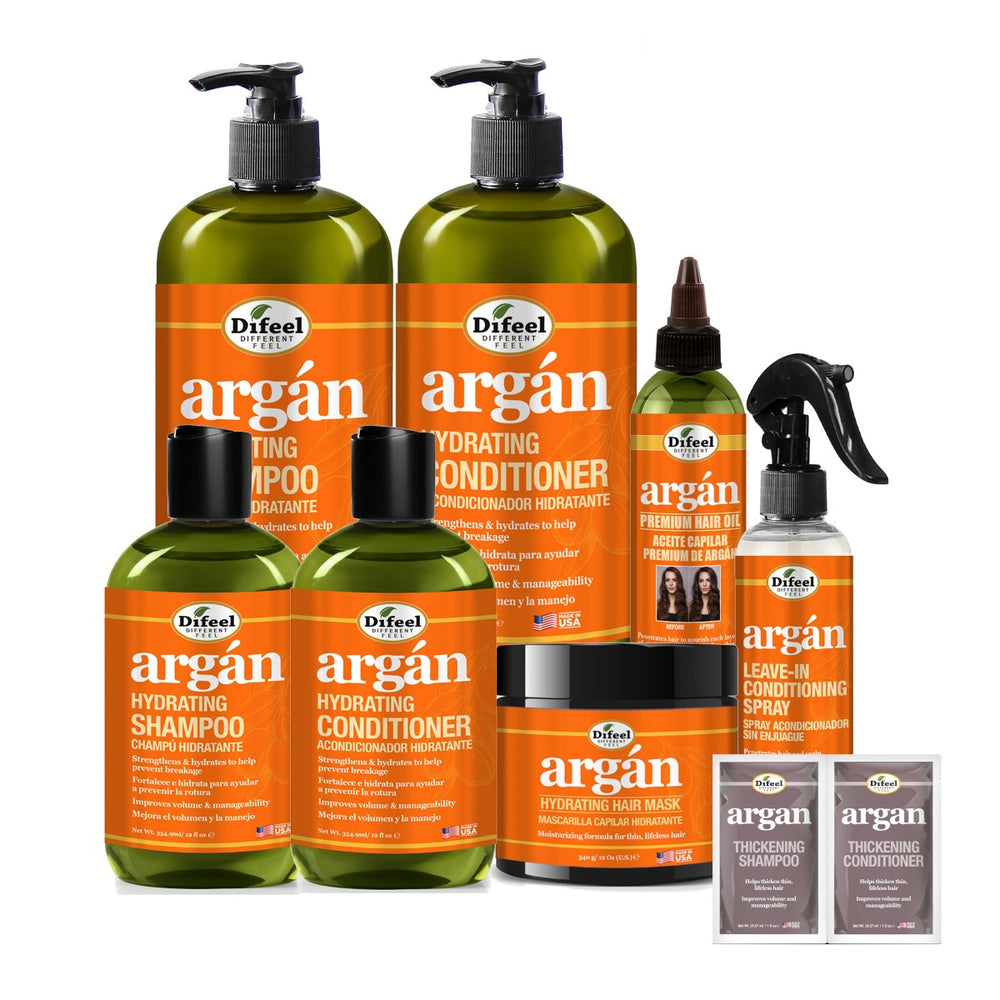 Difeel Argan Beauty Bomb 8-PC Complete Shampoo & Conditioner Complete Collection- Hydrating Shampoos, Conditioners, Treatments & More