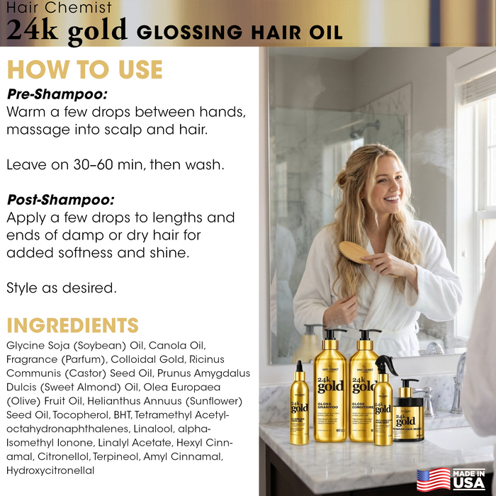 Hair Chemist 24K Gold Shampoo 33.8oz, Conditioner 33.8oz & Hair Oil 8oz 3-PC Set