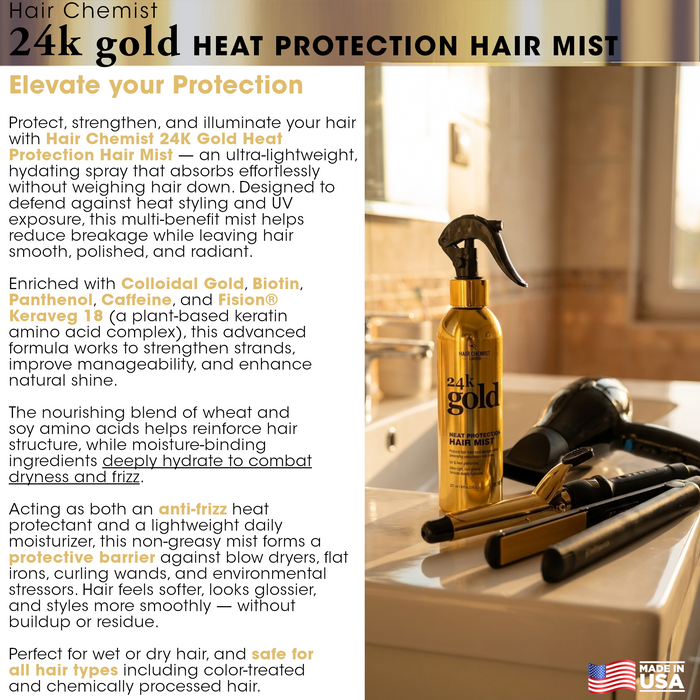 Hair Chemist 24K Gold Gloss Shampoo 33.8oz, Conditioner 33.8oz & Heat Protection Hair Mist 8oz – 3-Piece Shine & Protection System