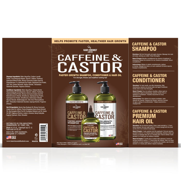 Hair Chemist Caffeine and Castor Faster Growth Large Shampoo, Conditioner 33.8 oz. and Hair Oil 7.1 oz. 3-PC Boxed Gift Set