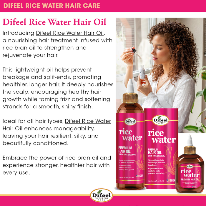 Difeel Rice Water Hair Care 3PC Shampoo & Conditioner & Hair Oil Set - Includes 33.8oz Shampoo, 33.8oz Conditioner, 7.1oz Hair Oil