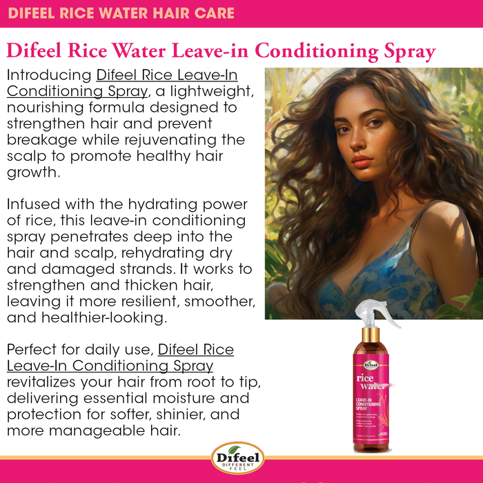 Difeel Rice Water Hair Care 3PC Shampoo & Conditioner & Leave in Set - Includes 33.8oz Shampoo, 33.8oz Conditioner, 8oz Leave in Spray