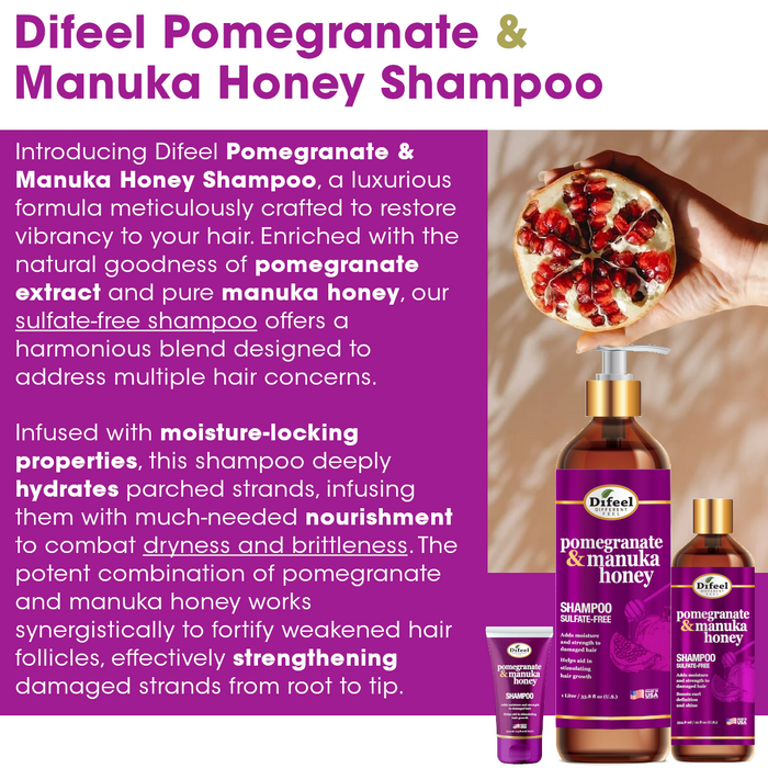 Difeel Pomegranate & Manuka Honey Shampoo & Conditioner 4-PC Set - Includes 12oz Shampoo,12oz Conditioner, 8oz Leave in Spray and 2.5oz Hair Oil