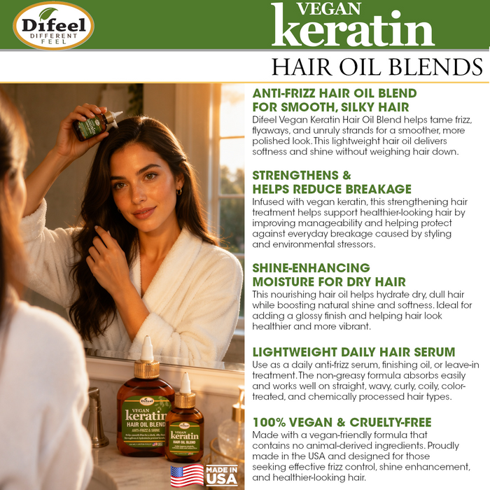 Difeel Vegan Keratin Hair Oil Blend - Anti Frizz & Shine - Travel Size 2.5 oz.