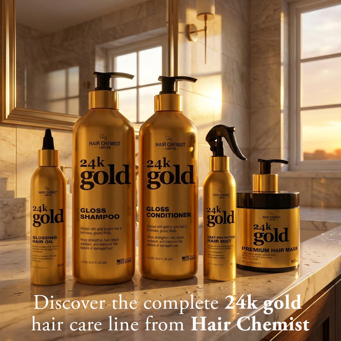 Hair Chemist 24K Gold Gloss Shampoo 33.8oz, Conditioner 33.8oz & Heat Protection Hair Mist 8oz – 3-Piece Shine & Protection System