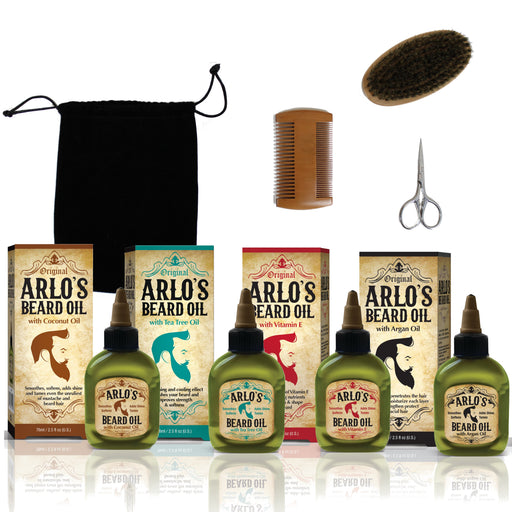 Arlo's 8-PC Ultimate Premium Beard Grooming Set for Men- Includes Four 2.5oz Beard Oils, Beard Brush, Comb, Scissors and Carrying Bag