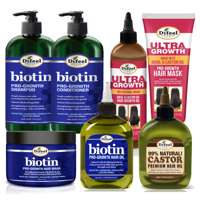 Difeel Biotin Ultra Growth Beauty Bomb for Hair Growth 7-Piece Shampoo, Conditioner & More Set
