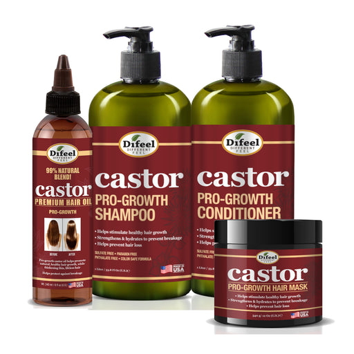 Difeel Pro-Growth with Castor Oil 4-PC Ultimate Hair Care Set - Shampoo 33.8oz, Conditioner 33.8oz, Hair Mask 12oz & Hair Oil 8oz