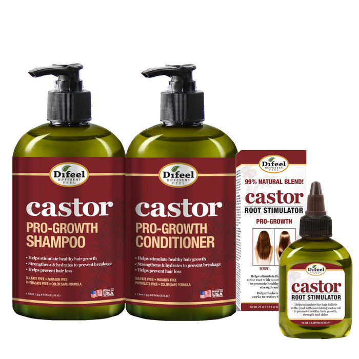 Difeel 3-PC Castor Pro-Growth Hair Growth: Cleansing & Treatment Set - Includes 12 oz Shampoo, 12oz Conditioner, & 2.5oz Root Stimulator