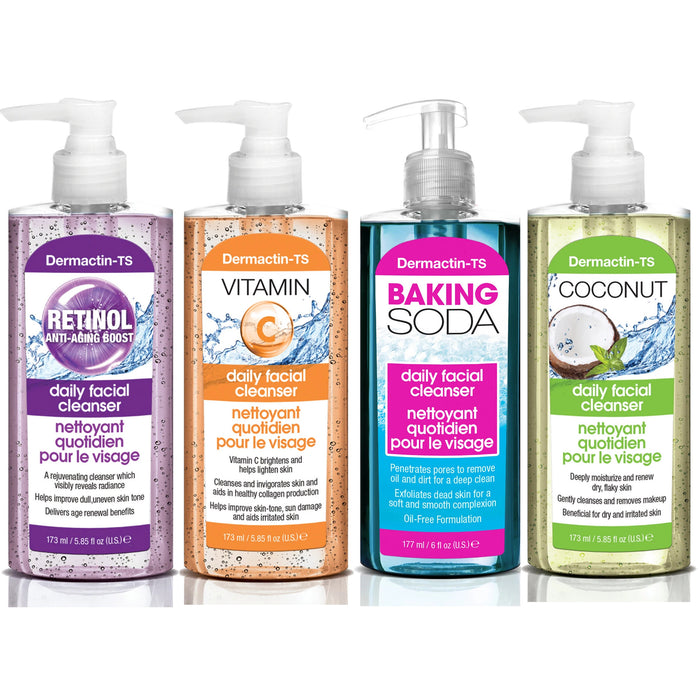 Dermactin-TS Daily Facial Cleanser 4-PC Set - Includes Retinol, Vitamin C, Baking Soda & Coconut Cleansers 5.7 oz.