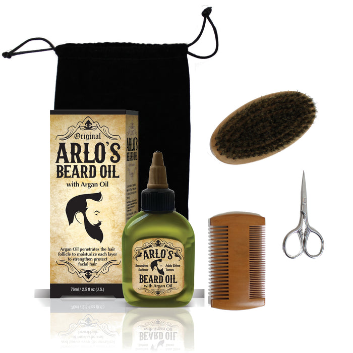Arlo's 5-PC Mens Premium Beard Grooming Kit w/ Argan Beard Oil 2.5oz -Beard Oil, Beard Brush, Beard Comb, Beard Scissors & Carry Bag