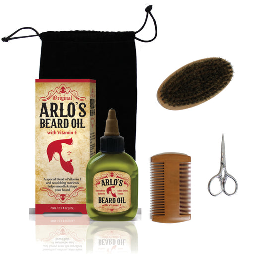 Arlo's 5-PC Mens Premium Beard Grooming Kit w/ Vitamin E Beard Oil 2.5oz - Beard Oil, Beard Brush, Beard Comb, Beard Scissors & Carry Bag