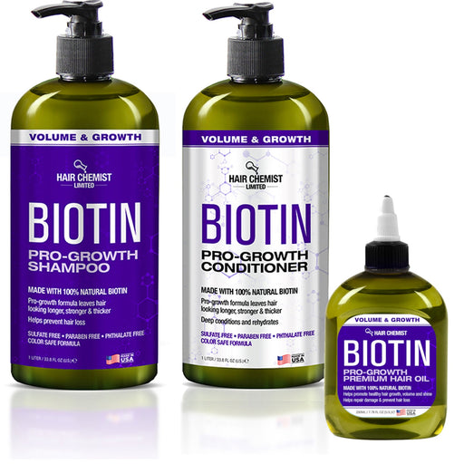 Hair Chemist Biotin Pro-Growth 3PC Hair Care Set - Includes 33.8oz Shampoo, 33.8oz Conditioner & 7.78oz Hair Oil