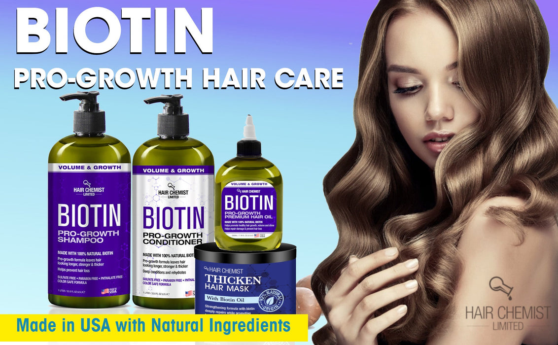 Hair Chemist Biotin Pro-Growth 4PC Hair Care Set - Includes 33.8oz Shampoo, 33.8oz Conditioner, 12oz Hair Mask & 7.78oz Hair Oil